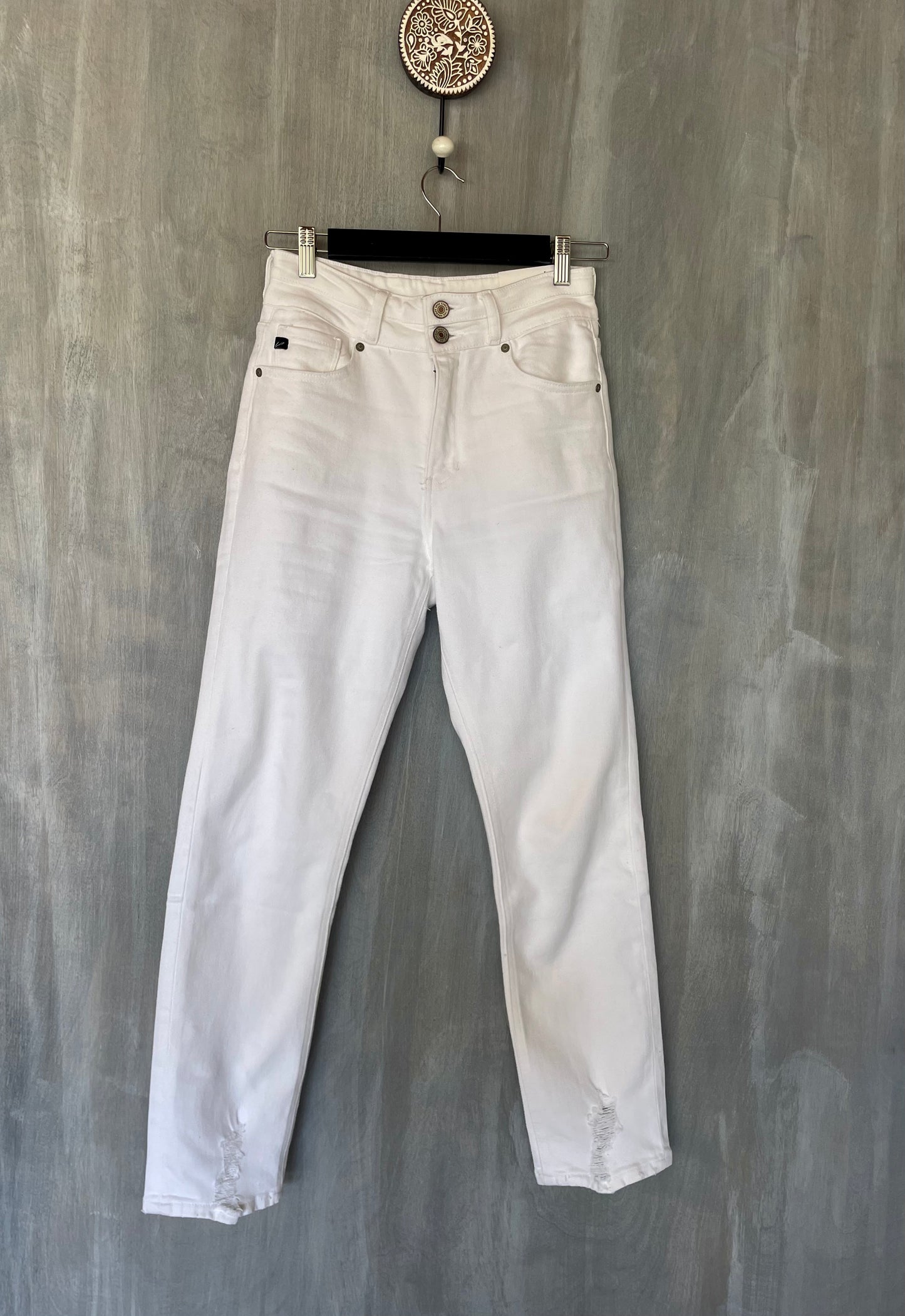 slim straight high rise distressed jean white